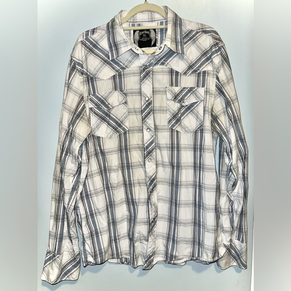 Carbon Western Shirt White Plaid Pearl Snap Y2K 100% Cotton - SIZE XL